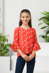 Sprinkles Stitched 1 Piece Summer Shirts Kids Suit-Allover Flowers Print Frill Sleeves Top