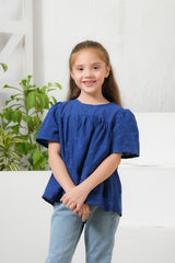 Sprinkles Stitched 1 Piece Summer Shirts Kids Suit-Blue Floral Embroidered Round Neck Top