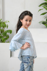 Sprinkles Stitched 1 Piece Summer Shirts Kids Suit-Allover Sky Dot Print Frill Sleeves Top