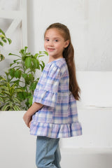 Sprinkles Stitched 1 Piece Summer Shirts Kids Suit-Plaid Print Puff Sleeve Shirt - Purple