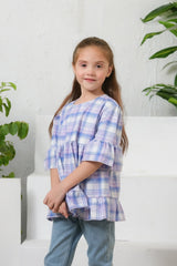 Sprinkles Stitched 1 Piece Summer Shirts Kids Suit-Plaid Print Puff Sleeve Shirt - Purple