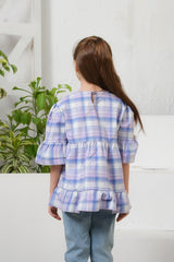 Sprinkles Stitched 1 Piece Summer Shirts Kids Suit-Plaid Print Puff Sleeve Shirt - Purple