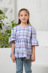 Sprinkles Stitched 1 Piece Summer Shirts Kids Suit-Plaid Print Puff Sleeve Shirt - Purple
