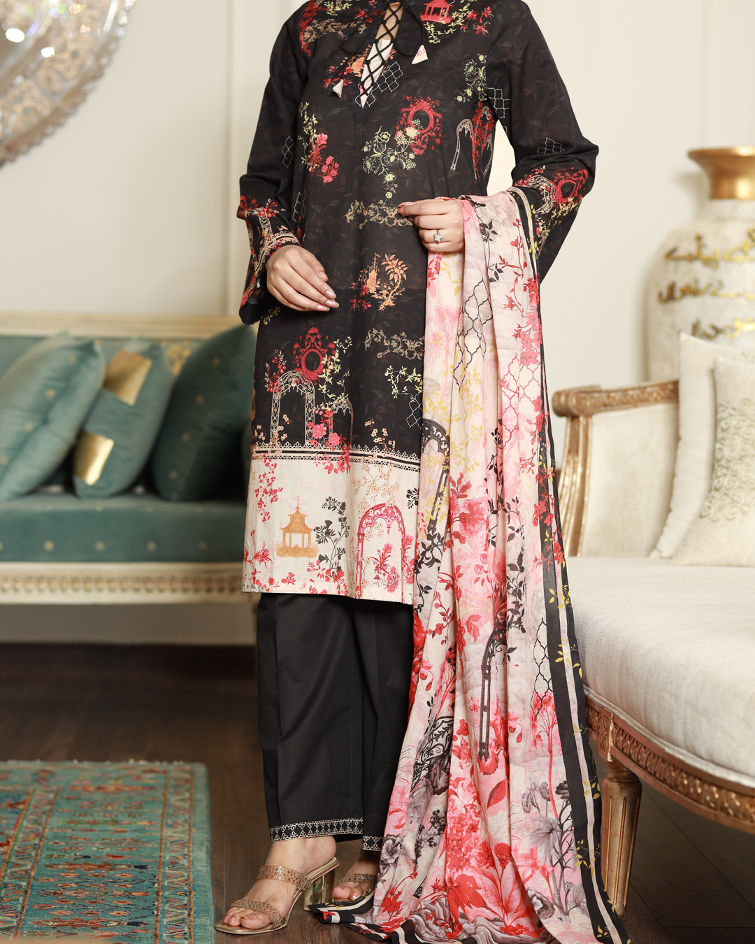Midnight Elegance Lawn Digital Print Unstitched Suit Set in black with bold cream motifs, three-piece lightweight lawn fabric ethnic outfit for women.