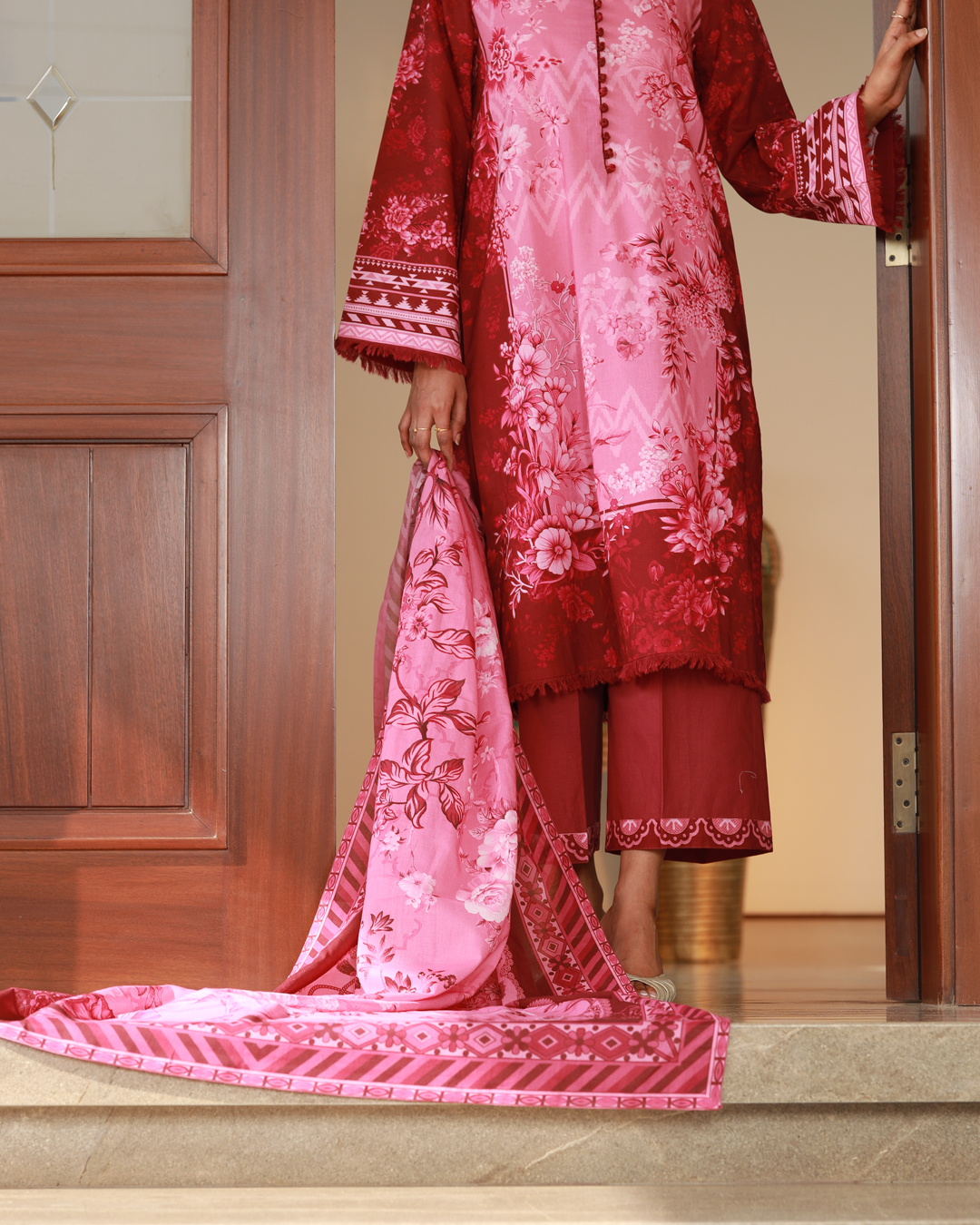 Chameli Studio women’s red and pink floral lawn printed unstitched suit with matching dupatta, summer ethnic fashion outfit.