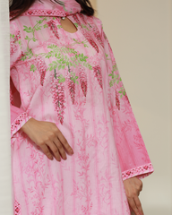 Whispered Grace Lawn Digital Print Unstitched Suit Set in delicate blush pink with soft floral design and lace-style borders, three-piece outfit for women.