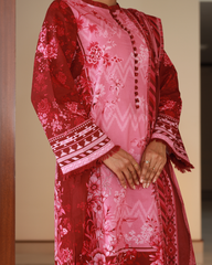 Chameli Studio women’s red and pink floral lawn printed unstitched suit with matching dupatta, summer ethnic fashion outfit.