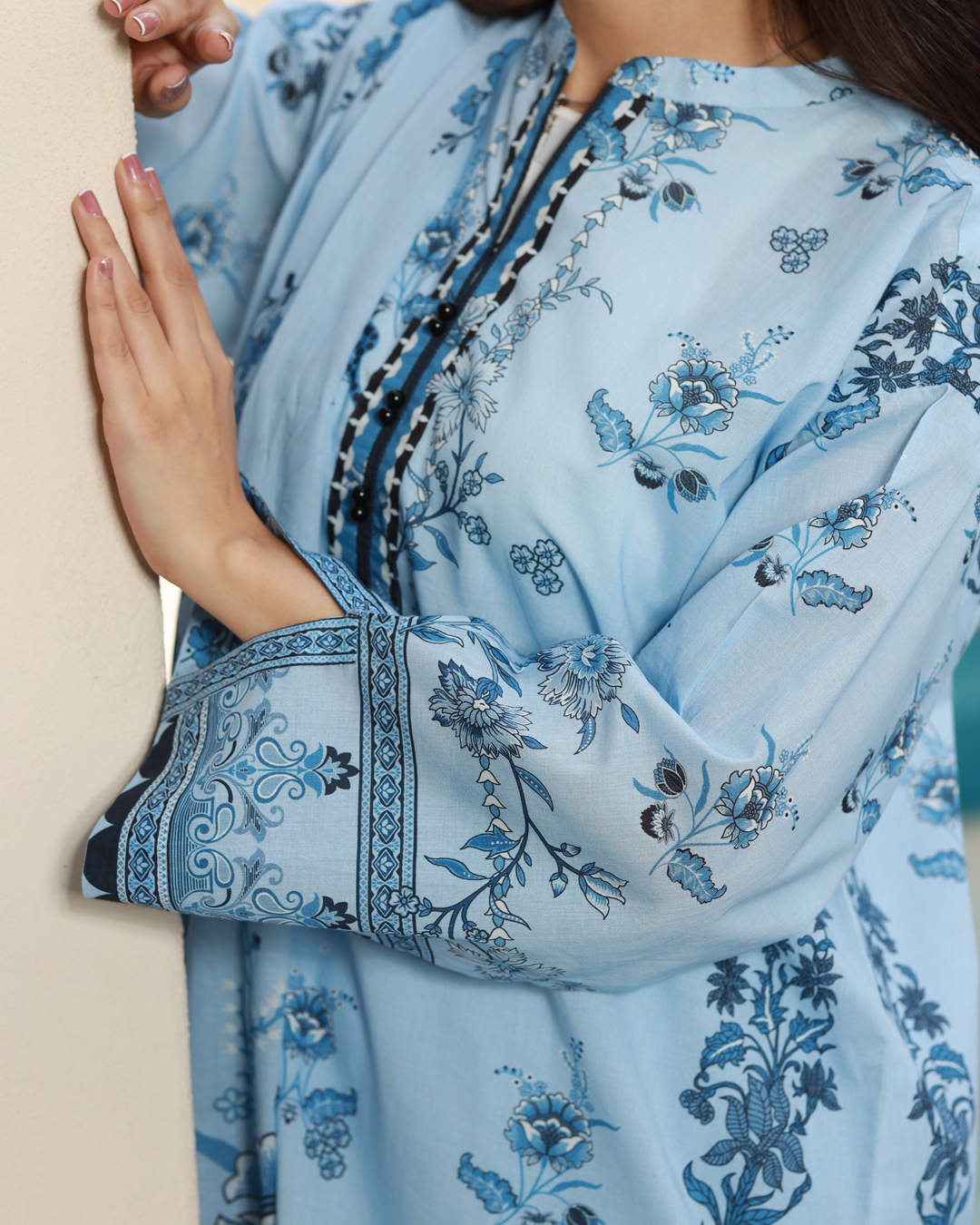 Summer Reverie Lawn Digital Print Unstitched Suit Set in powder blue with printed floral motifs, three-piece outfit for women.