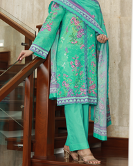 Petal And Sunshine Lawn Digital Print Unstitched Suit Set in sea green with vibrant floral pattern and decorative borders, three-piece outfit for women.