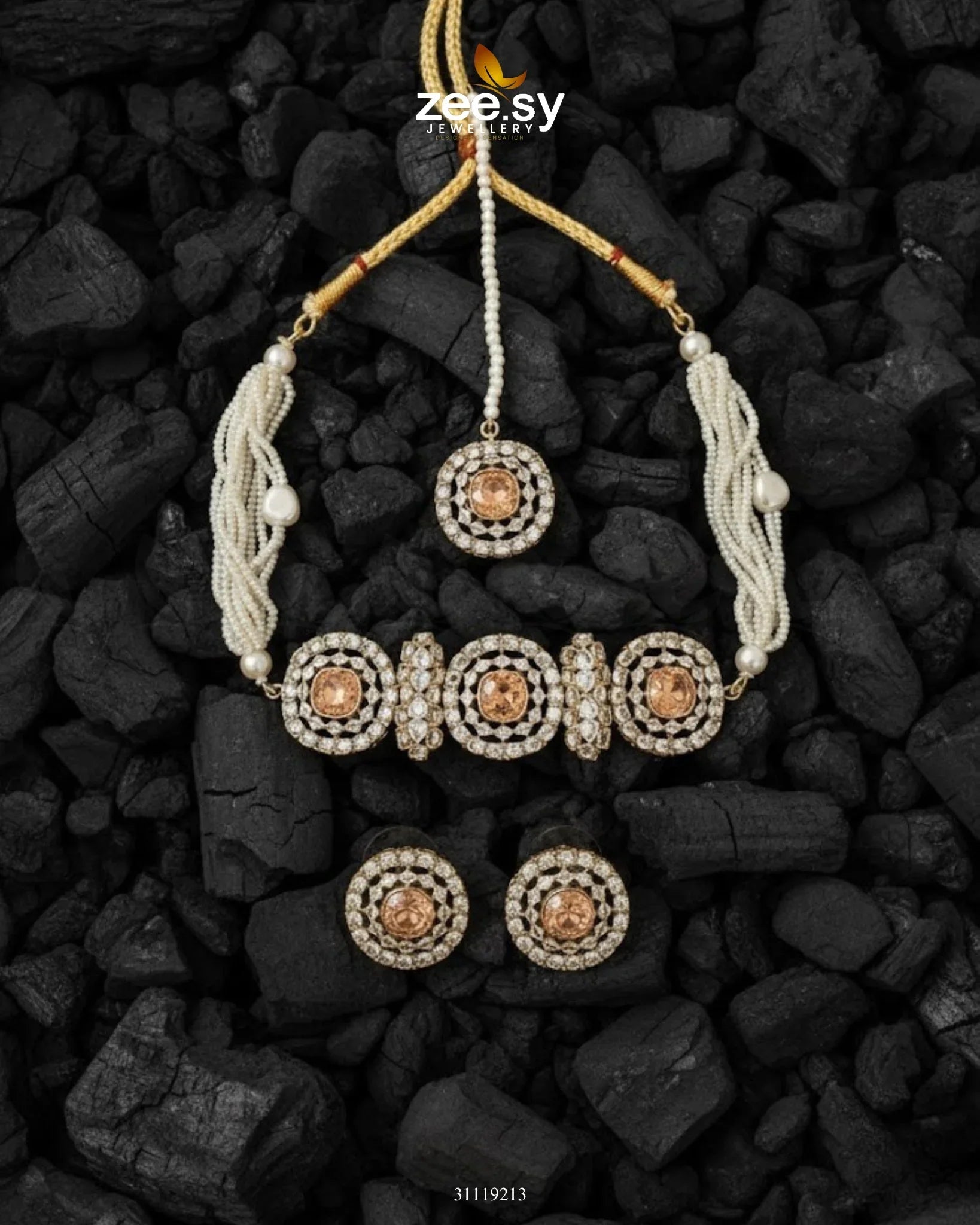 Equinox Stone Pearl Choker Set Golden Champagne - Zeesy Jewellery