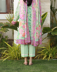 Colors of Confidence Lawn Digital Print Unstitched Suit Set in powder green with vibrant multi-panel floral design, three-piece ethnic outfit for women.