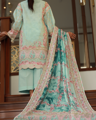 Chameli Studio women’s mint green floral embroidered lawn unstitched three-piece suit with matching printed dupatta and straight trousers, lightweight summer ethnic outfit.