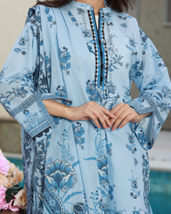 Summer Reverie Lawn Digital Print Unstitched Suit Set in powder blue with printed floral motifs, three-piece outfit for women.
