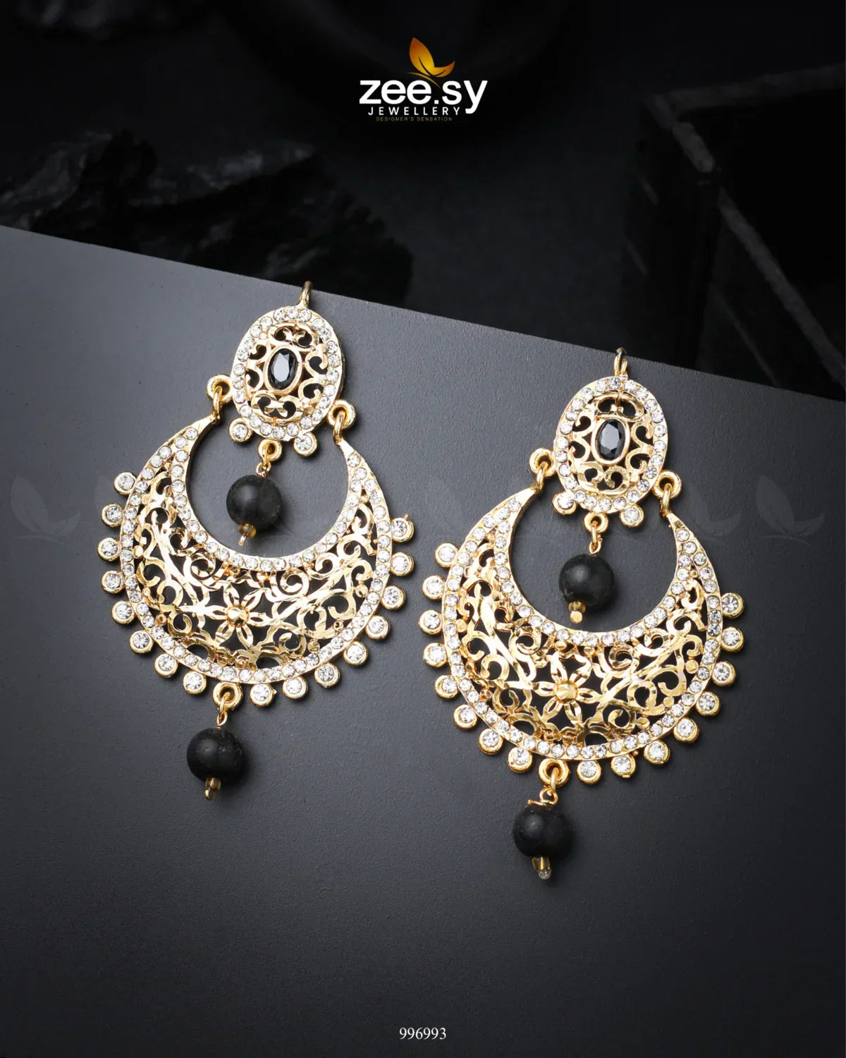 Pearl Chandeliers Earrings Golden Black - Zeesy Jewellery