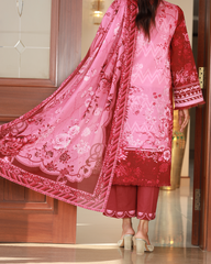 Chameli Studio women’s red and pink floral lawn printed unstitched suit with matching dupatta, summer ethnic fashion outfit.