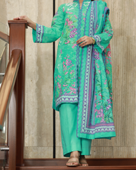 Petal And Sunshine Lawn Digital Print Unstitched Suit Set in sea green with vibrant floral pattern and decorative borders, three-piece outfit for women.