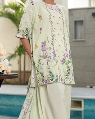 Chameli Studio women’s lawn printed kurta with floral design in green and purple, lightweight unstitched cotton outfit for summer fashion.