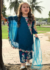 Modest Stitched 3 Piece Formals Kids Suit-Pearl Cape Dress - Blue