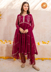 Meethi Eid By Modest Maroon Crinkle Embroidered 3 Piece