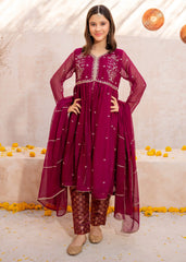 Meethi Eid By Modest Maroon Crinkle Embroidered 3 Piece
