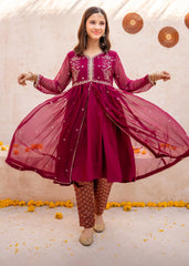Meethi Eid By Modest Maroon Crinkle Embroidered 3 Piece