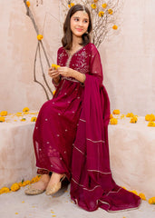 Meethi Eid By Modest Maroon Crinkle Embroidered 3 Piece