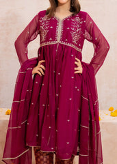Meethi Eid By Modest Maroon Crinkle Embroidered 3 Piece
