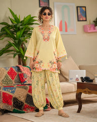 Creme Brulee butter-yellow printed cotton two-piece set — front