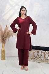 Premier Essence By Neesh Stitched Co Ords Summer Suit-Garnet - 2 Piece