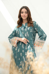 Preet Print Edit By Suitsu Stitched Summer Suit-Emric Teal Blossom