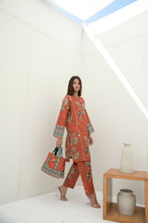Preet Print Edit By Suitsu Stitched Summer Suit-Gilina Rust Bloom