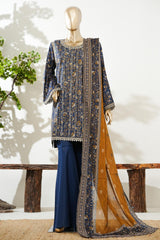 Bin Saeed Stitched 3 Piece Exclusive Lawn with Bellbottom Trouser Vol-02 Suit-LSM-3084-BLUE