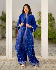 Woman wearing a royal blue traditional farshi shalwar suit with white patterns in an indoor setting with plants.