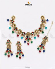 Tulshi Antique Pearl Necklace Set Golden Multi - Zeesy Jewellery