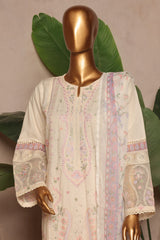 Bin Saeed Stitched 3 Piece Luxury Plain Cotton With Chiffon Dupatta Suit-SMPC-1871-White