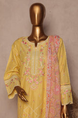 Bin Saeed Stitched 3 Piece Luxury Plain Cotton With Chiffon Dupatta Suit-SMPC-1876-Yellow