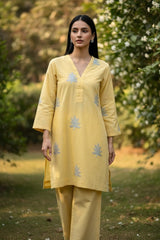 Amna Ali Nawaz Stitched Co Ord Suit-Self Emb Fusion Set-Butter Yellow