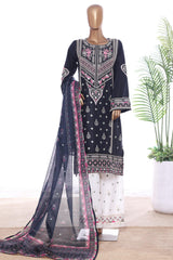 Bin Saeed Stitched 3 Piece Luxury Emb Lawn With Contrass Emb Shalwar & Bellbottom Suit-LF-3203-BLACK