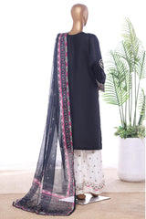 Bin Saeed Stitched 3 Piece Luxury Emb Lawn With Contrass Emb Shalwar & Bellbottom Suit-LF-3203-BLACK