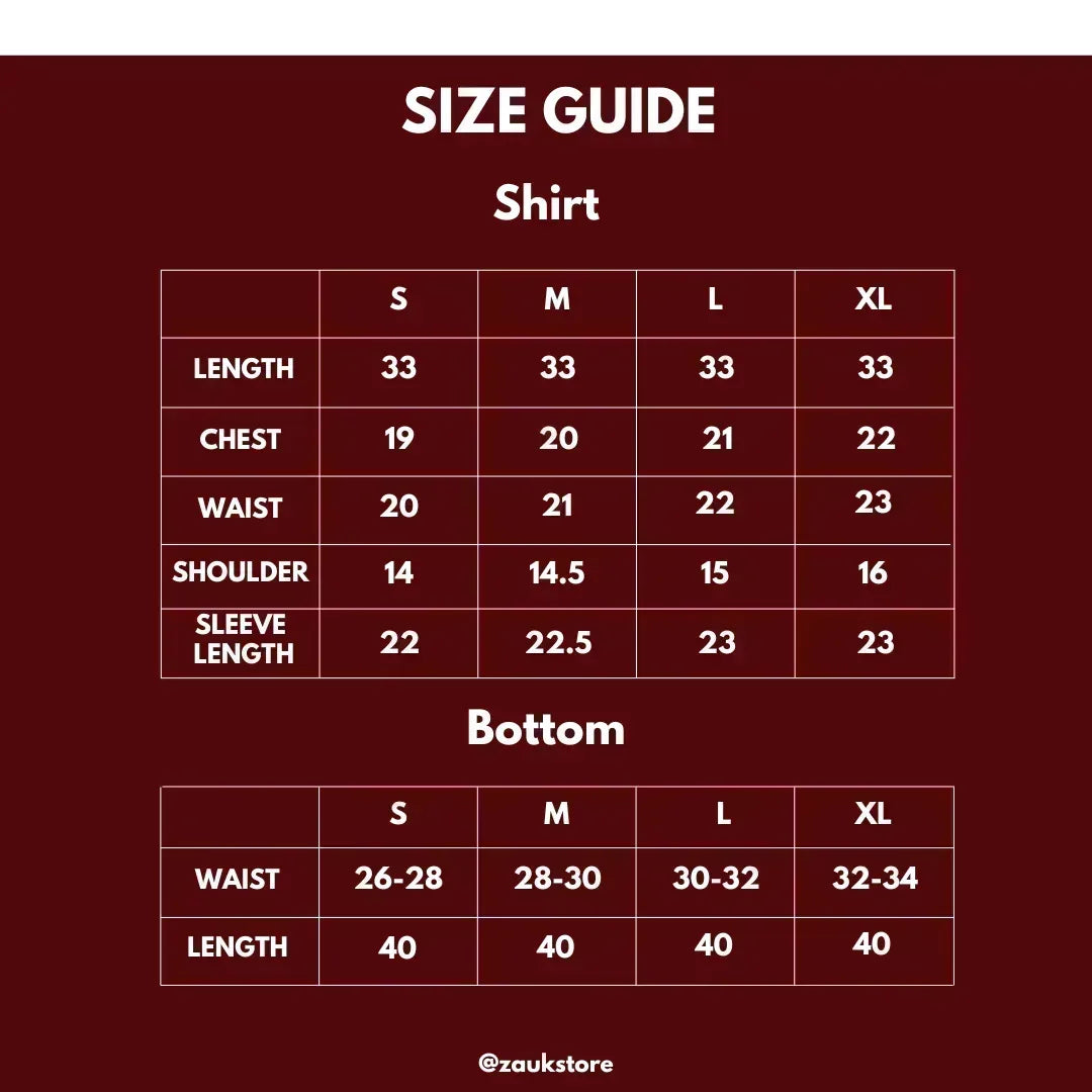 Size guide for shirt and bottom with measurements on a dark red background.