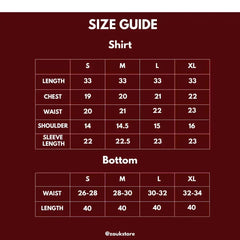 Size guide for shirt and bottom with measurements on a dark red background.