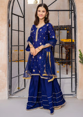 Meethi Eid By Modest Blue Rawsilk Embroidered 3 Piece Gharara