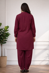 Madiha Gohar Stitched Co Ords Set-Solid Pleated-Maroon