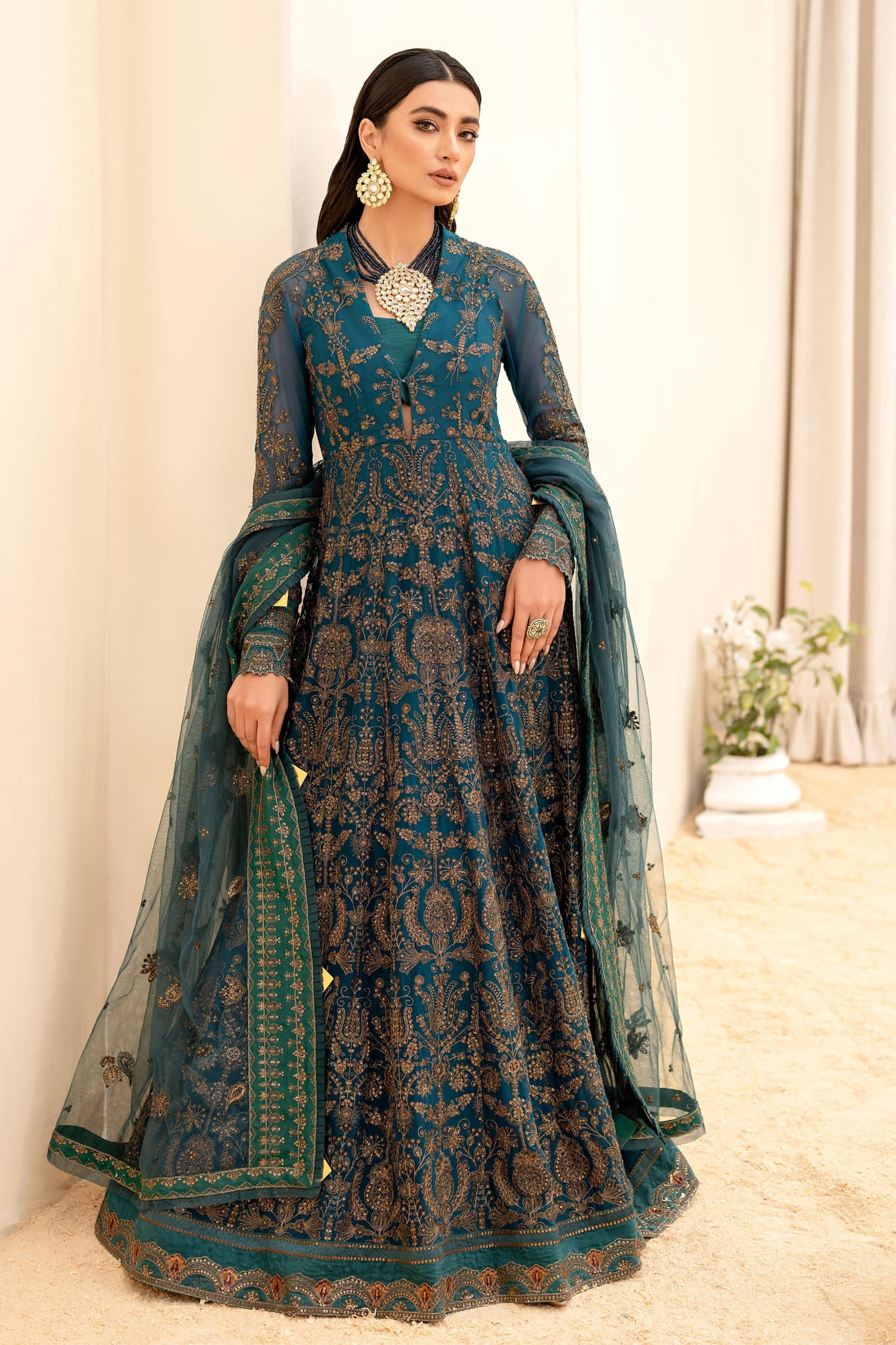 Bottle Green Embroidered Unstitched 3 Piece Chiffon Suit - Party Wear