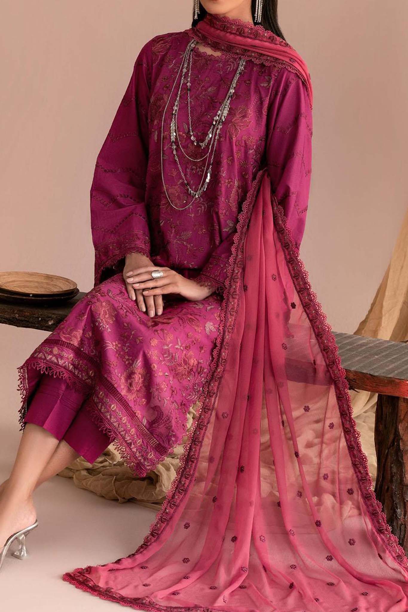 Zarif Unstitcehd 3 Piece Embroidered Eid Lawn Collection'2023-ZEL-02-Fushsia