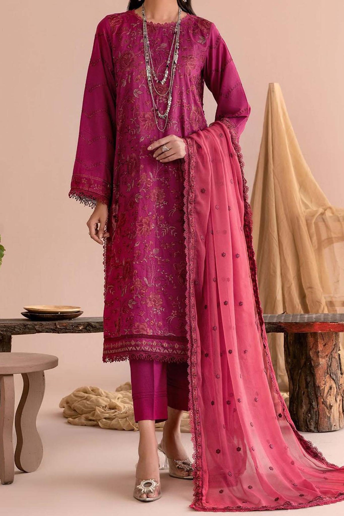 Zarif Unstitcehd 3 Piece Embroidered Eid Lawn Collection'2023-ZEL-02-Fushsia