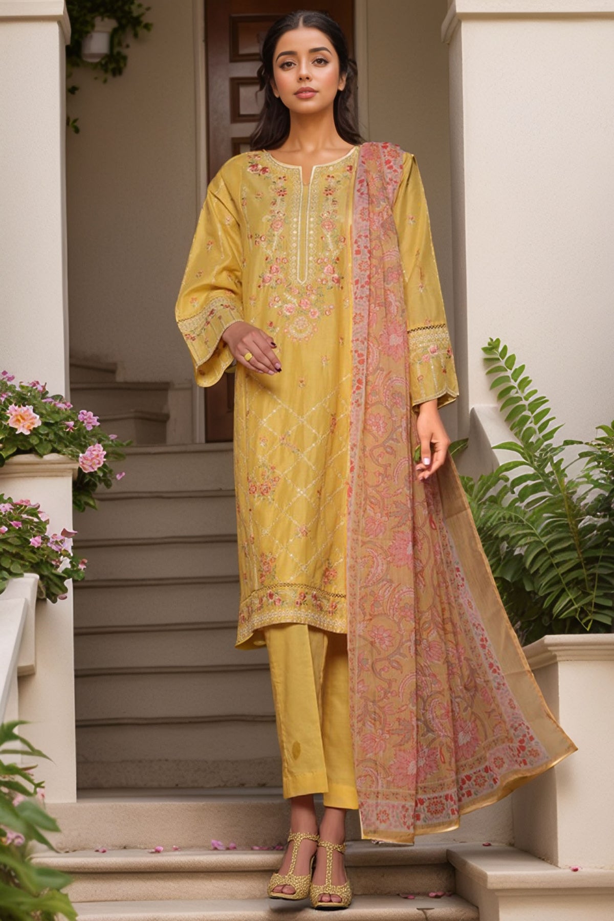 Bin Saeed Stitched 3 Piece Luxury Plain Cotton With Chiffon Dupatta Collection'2025-SMPC-1876-Yellow