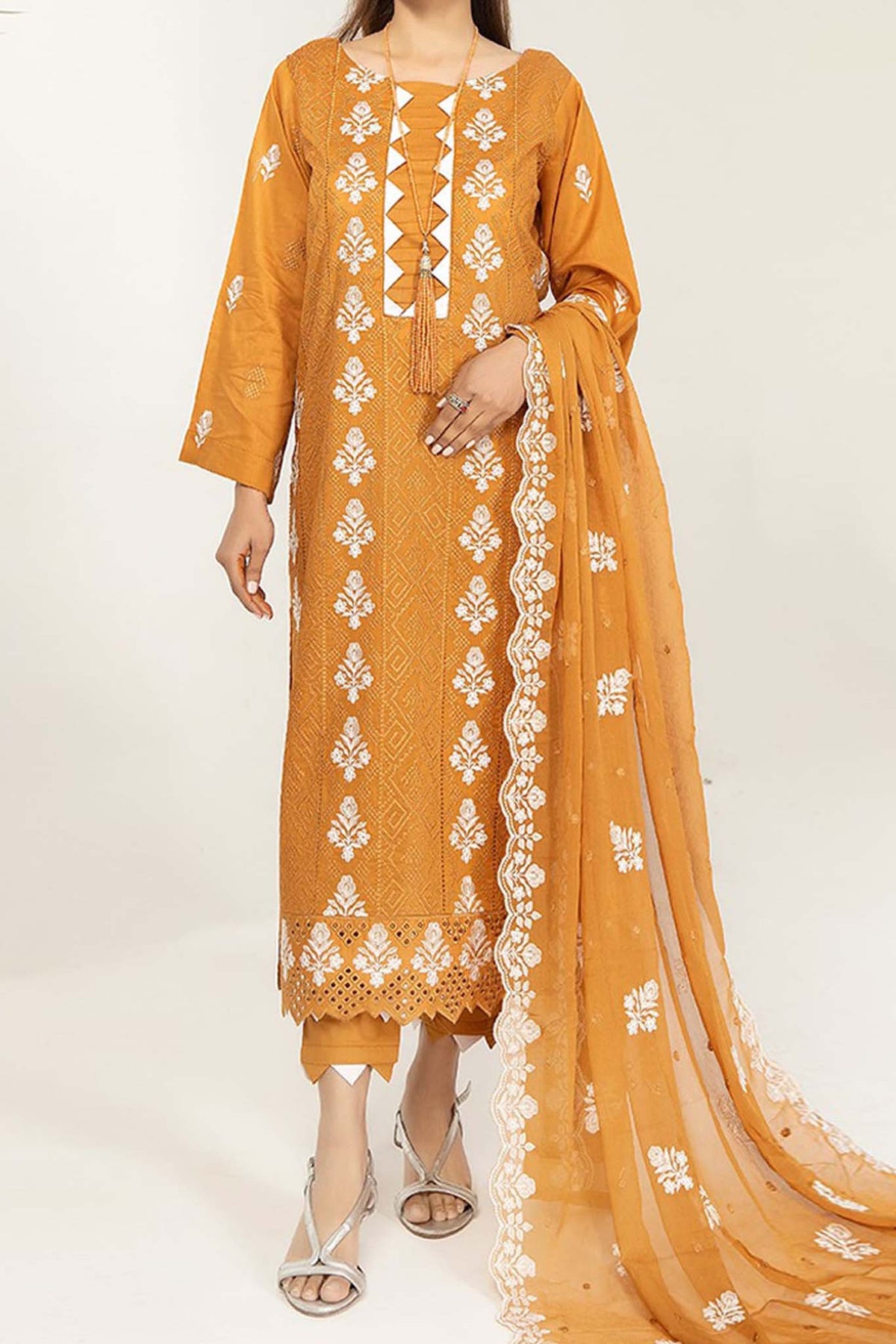 Marjjan Unstitched 3 Piece Resham Needle Floral Collection'2023-MNC-126-Orange