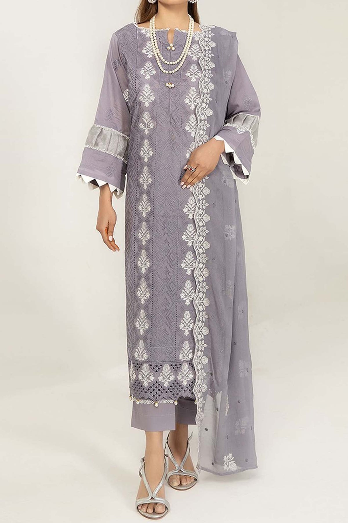 Marjjan Unstitched 3 Piece Resham Needle Floral Collection'2023-MNC-126-Grey