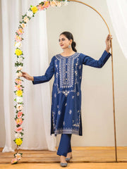 Ahlam 2 Piece Embroidery Shirt With Plain Trouser (Blue) Collection